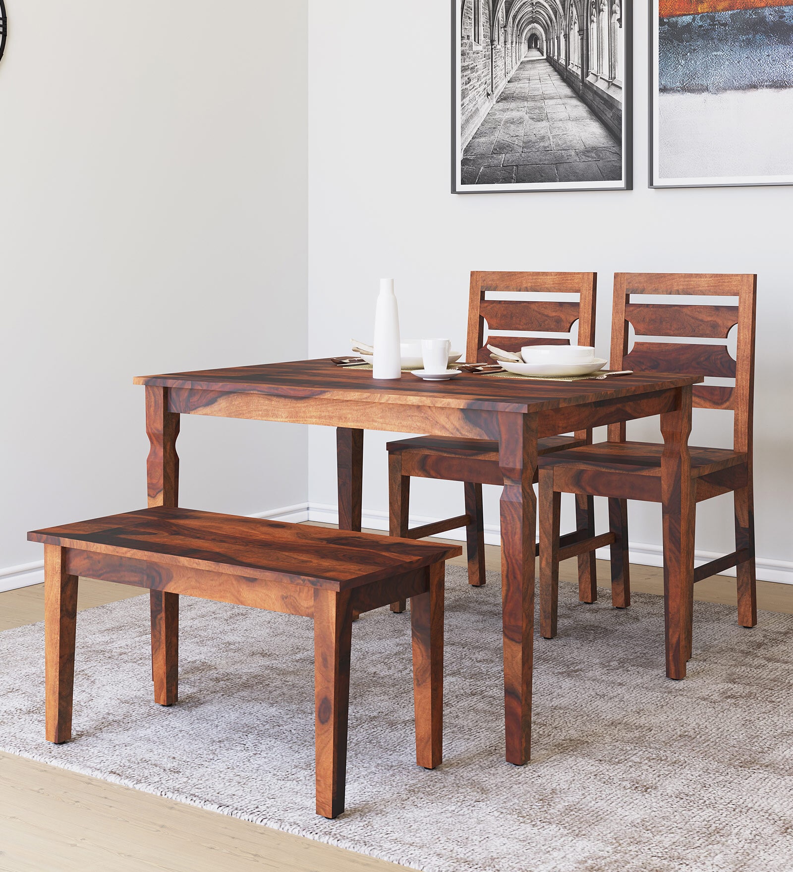 Europa Sheesham Wood 4 Seater Dining Set in Walnut Finish with Bench