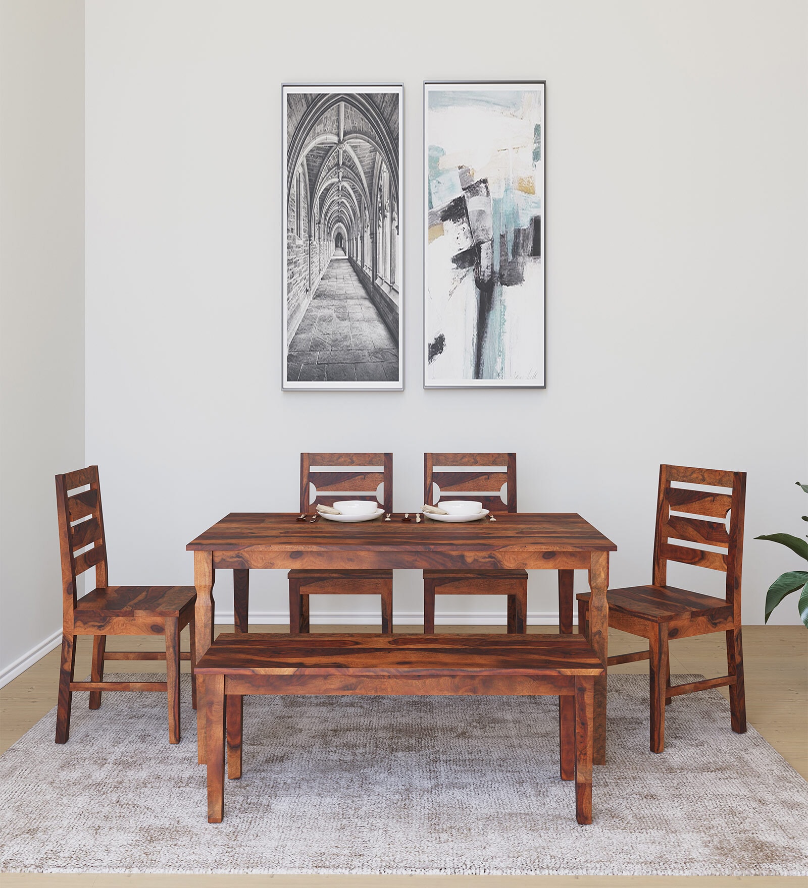 Europa Sheesham Wood 6 Seater Dining Set in Walnut Finish with Bench