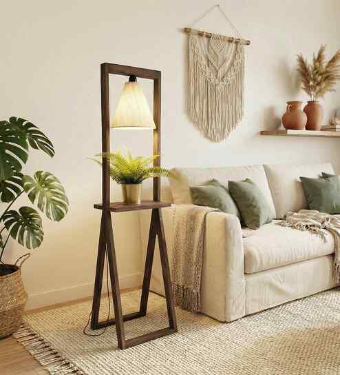 Euphoria Wooden Shelf Floor Lamp with Jute Shade and Brown Base