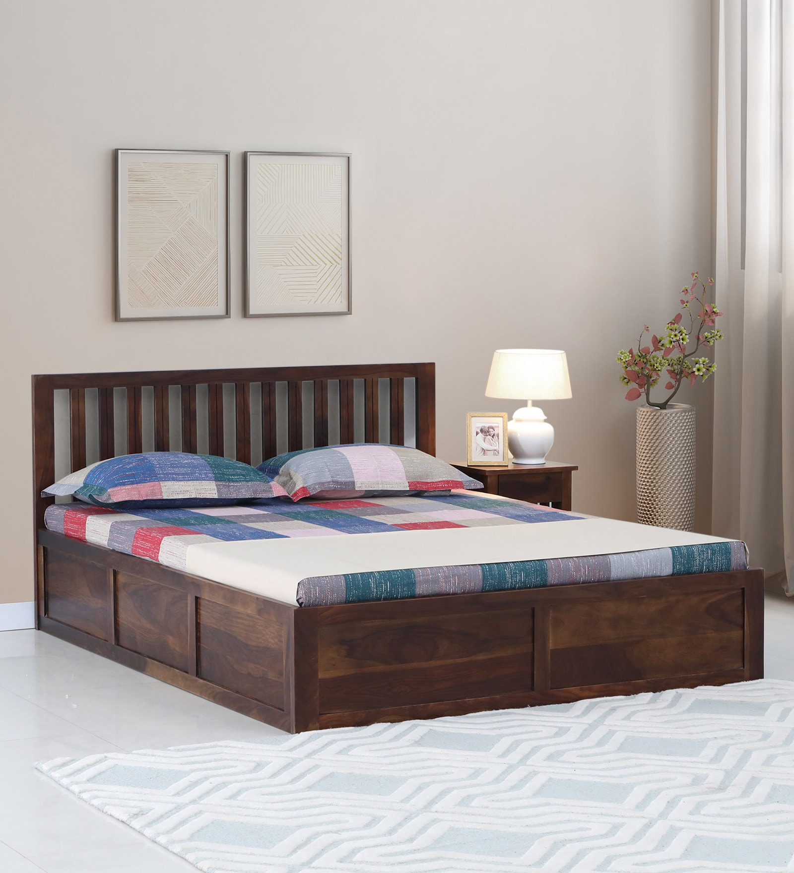 Eva Sheesham Wood King Size Bed In Provincial Teak Finish With Box Storage