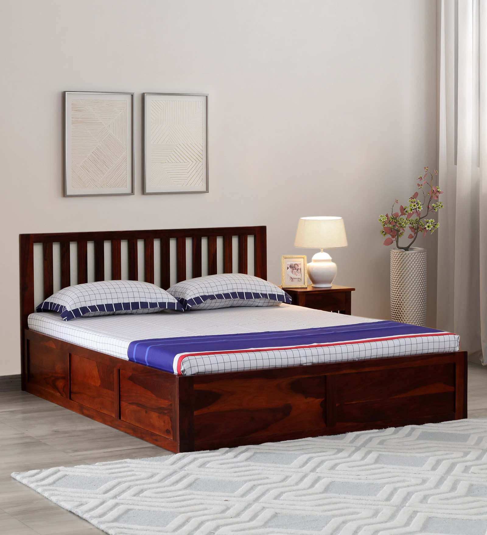 Eva Sheesham Wood Queen Size Bed In Honey Oak Finish With Box Storage