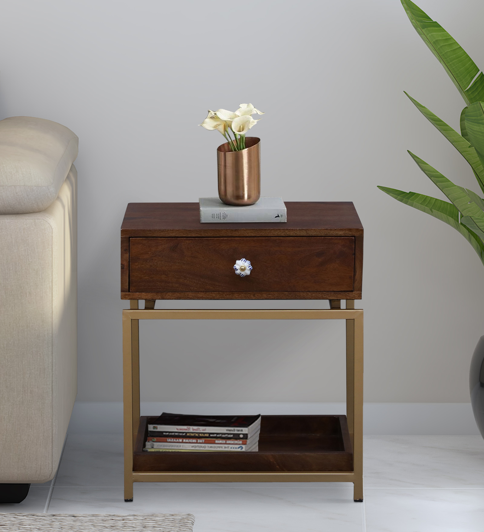 Eve Solid Wood End Table In Provincial Teak & Golden Finish