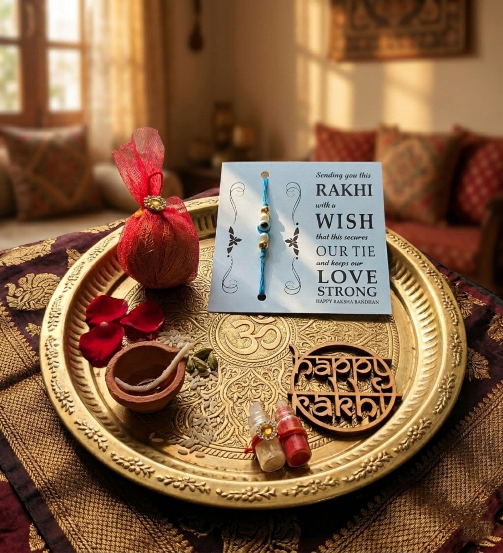 Evil Eye Blue Rakhi With Roli Chawal and Nariyal With Gift Box