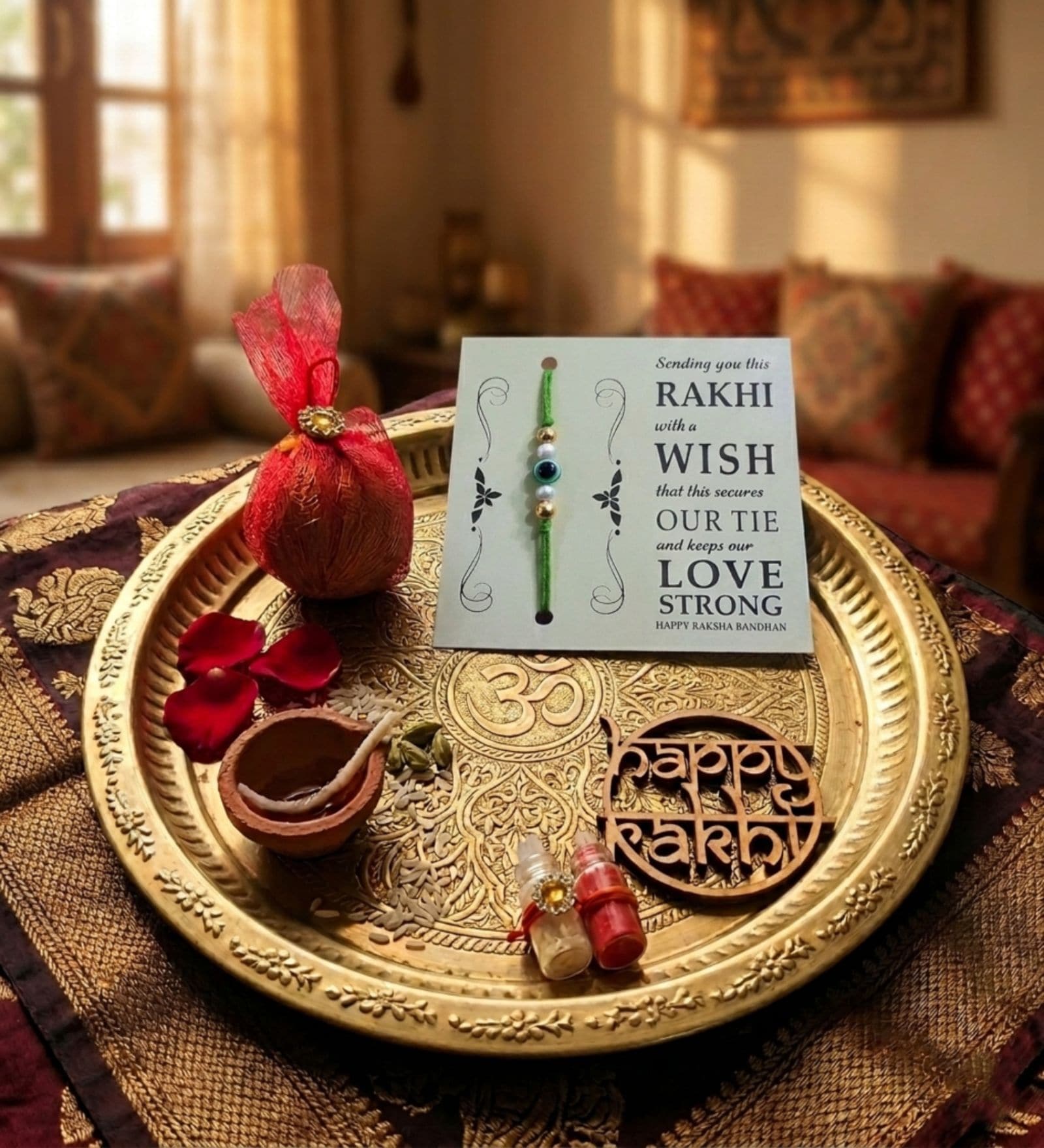 Evil Eye Green Rakhi With Roli Chawal and Nariyal With Gift Box