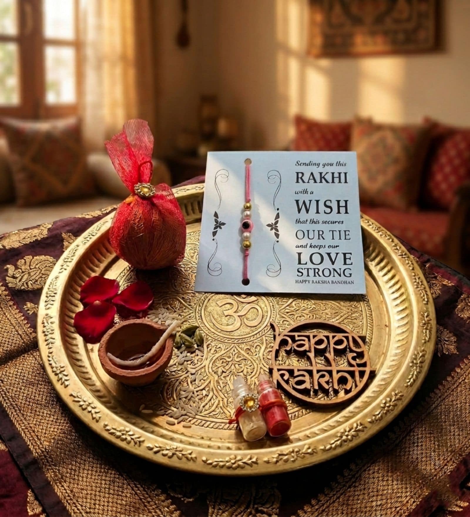Evil Eye Pink Rakhi With Roli Chawal and Nariyal With Gift Box