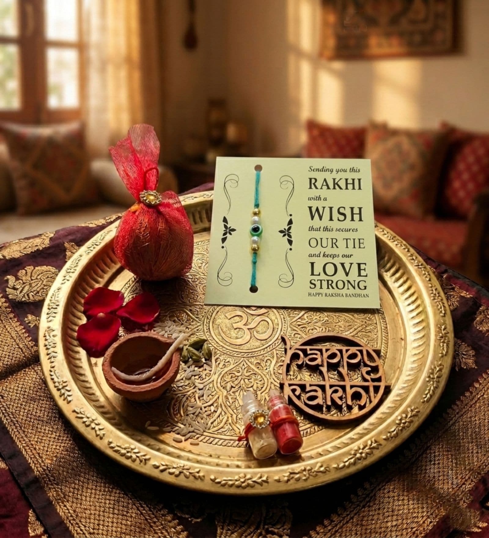 Evil Eye Turquoise Rakhi With Roli Chawal and Nariyal With Gift Box