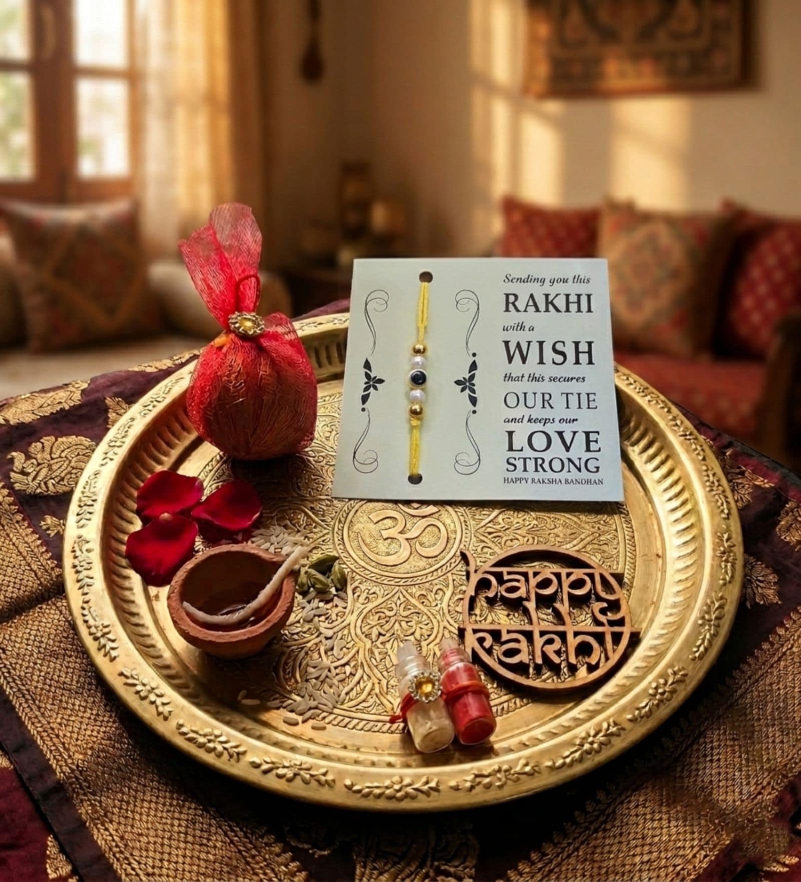 Evil Eye Yellow Rakhi With Roli Chawal and Nariyal With Gift Box