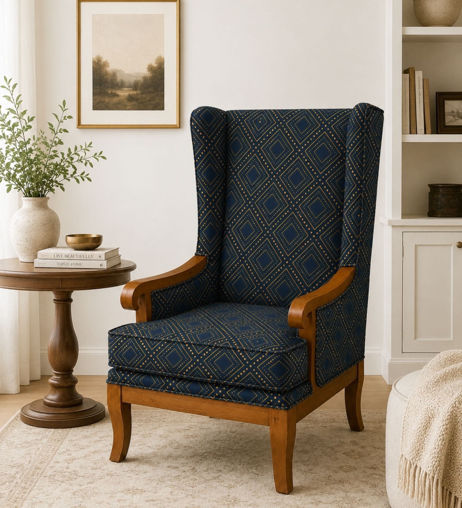 Evren Teak Wood Wing Chair With Suede Fabric In Dark Blue Colour