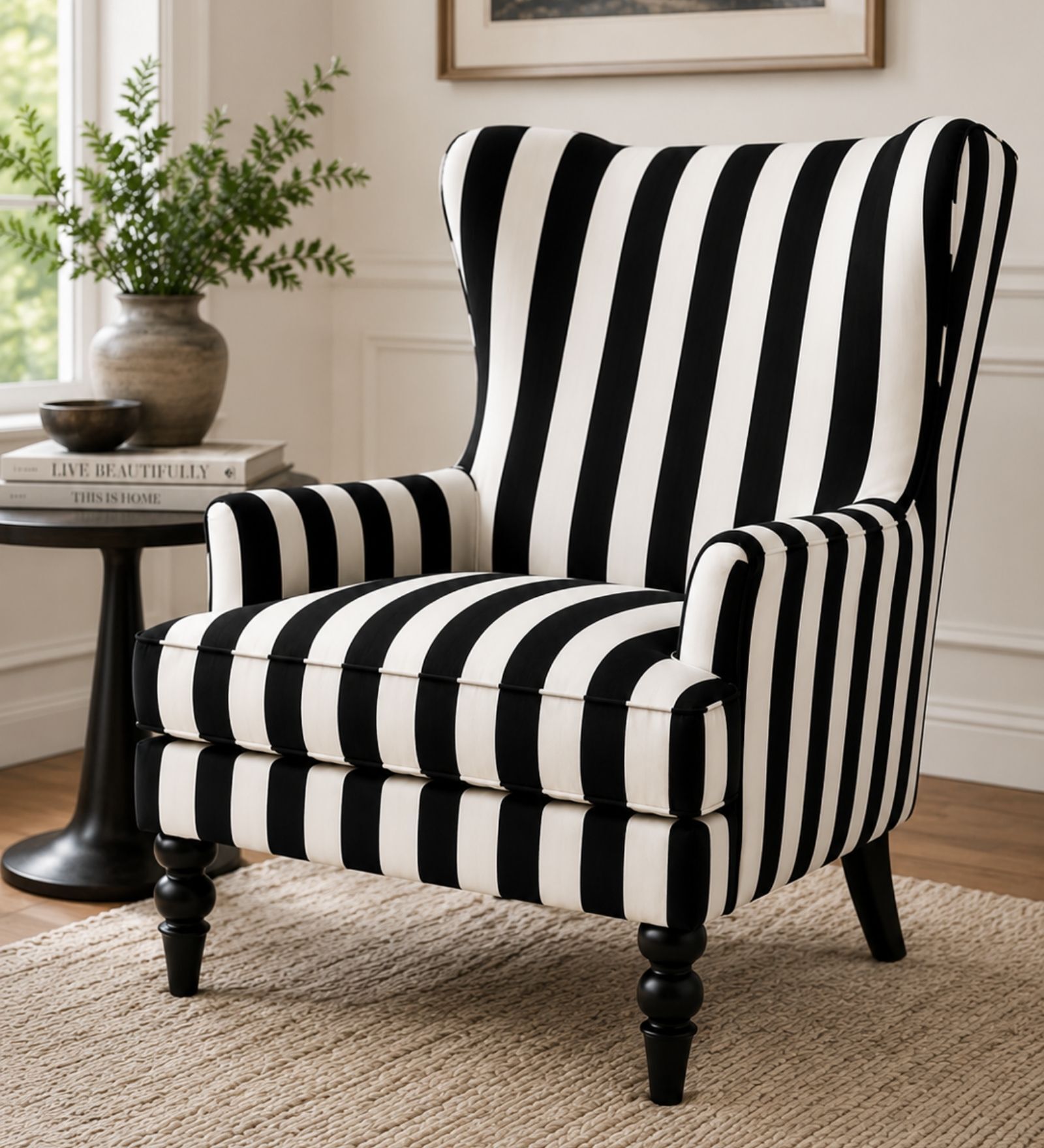 Evren Teak Wood Wing Chair With Suede Fabric In Black Colour