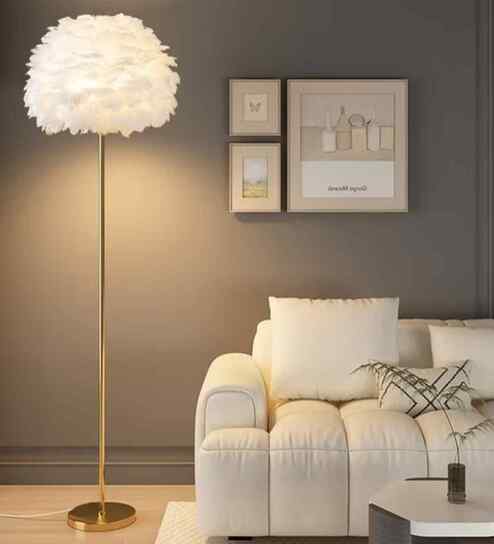 Everly Feather Shade Floor Lamp Gold Metal Body Warm LED Modern Decorative Standing Lamp