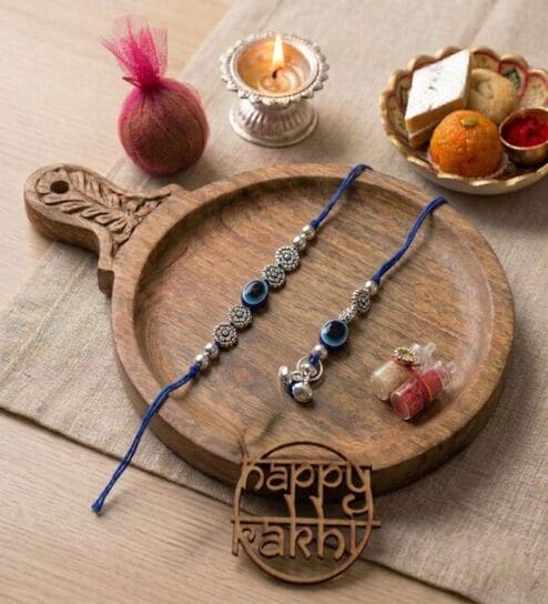 home arte Evil Eye Blue Lumba Rakhi Set With Roli Chawal and Nariyal With Gift Box-picture-11