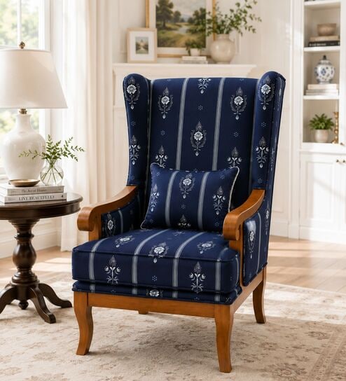 Evren Teak Wood Wing Chair With Suede Fabric In Dark Blue Colour