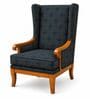 Evren Teak Wood Wing Chair With Suede Fabric In Dark Blue Colour