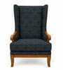 Evren Teak Wood Wing Chair With Suede Fabric In Dark Blue Colour