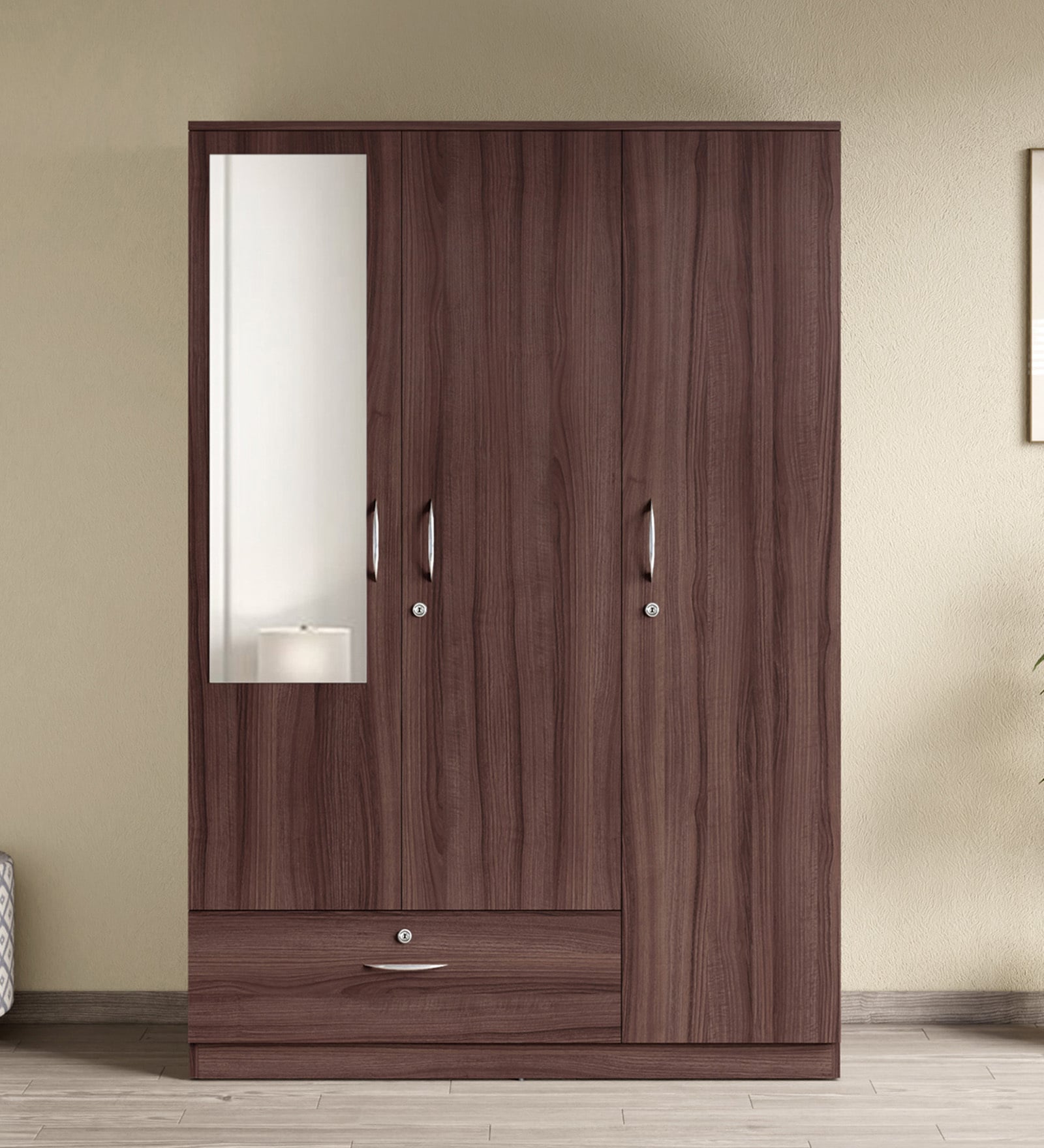 Ewa 3 Door Warobe with Mirror in Brown Finish Ewa 3 Door Warobe with Mirror in Brown Finish