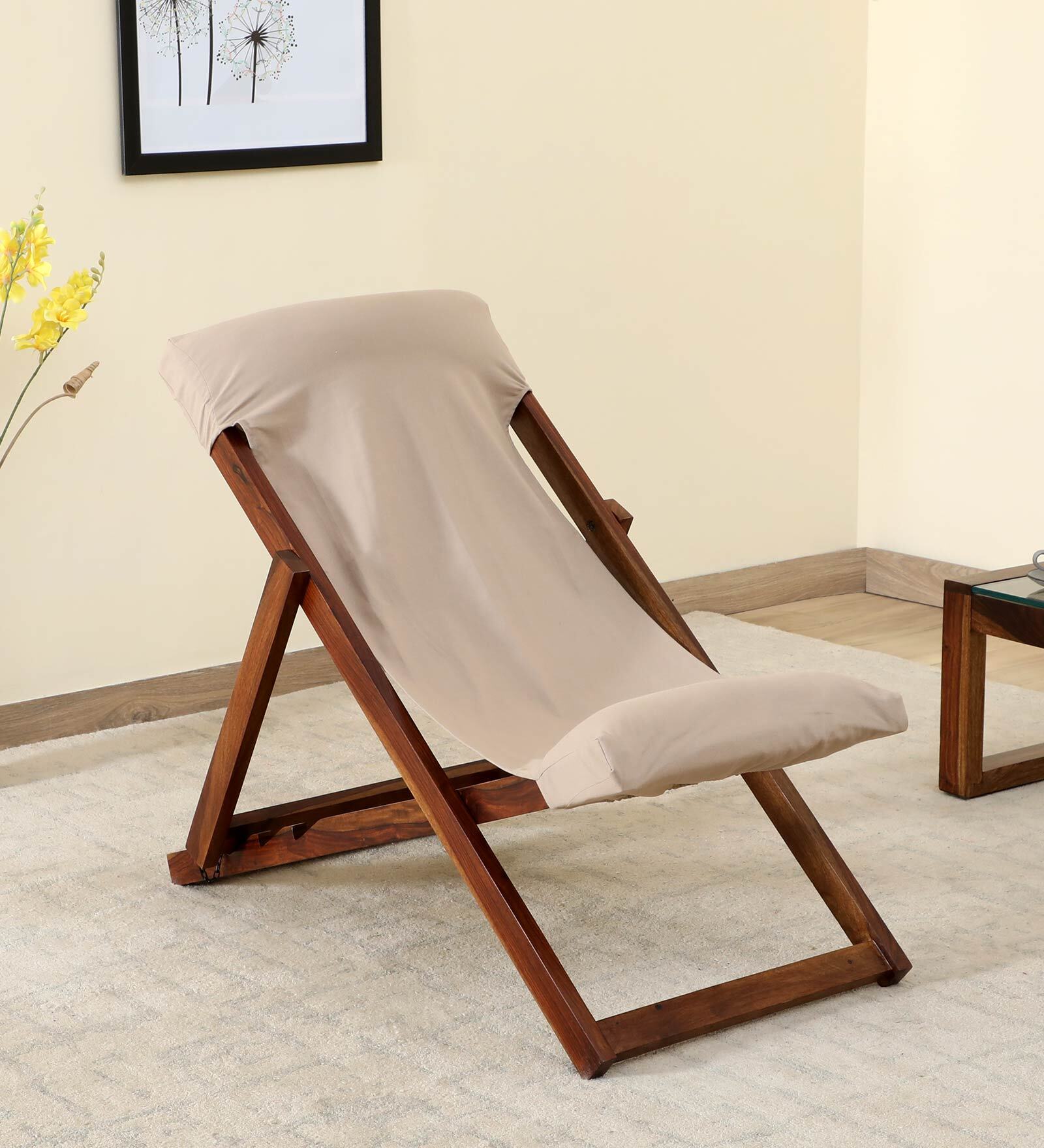 Naum Sheesham Wood Outdoor Chair in Scratch Resistant Provincial Teak Finish & Beige Colour