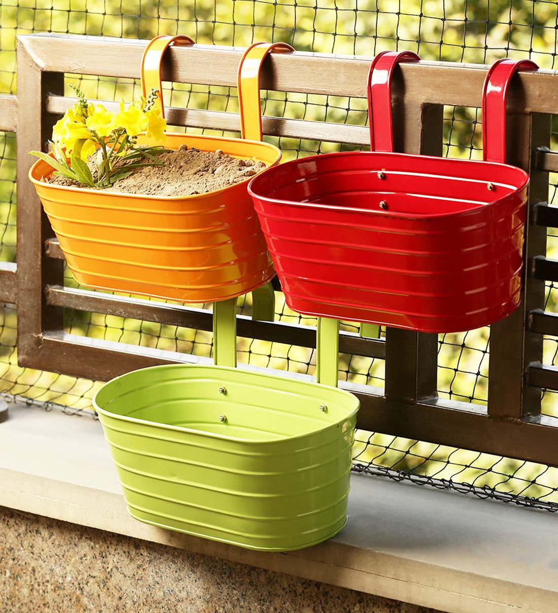 Buy Triple Blooms' HandPainted Metal Railing Cum Table Planters Pot