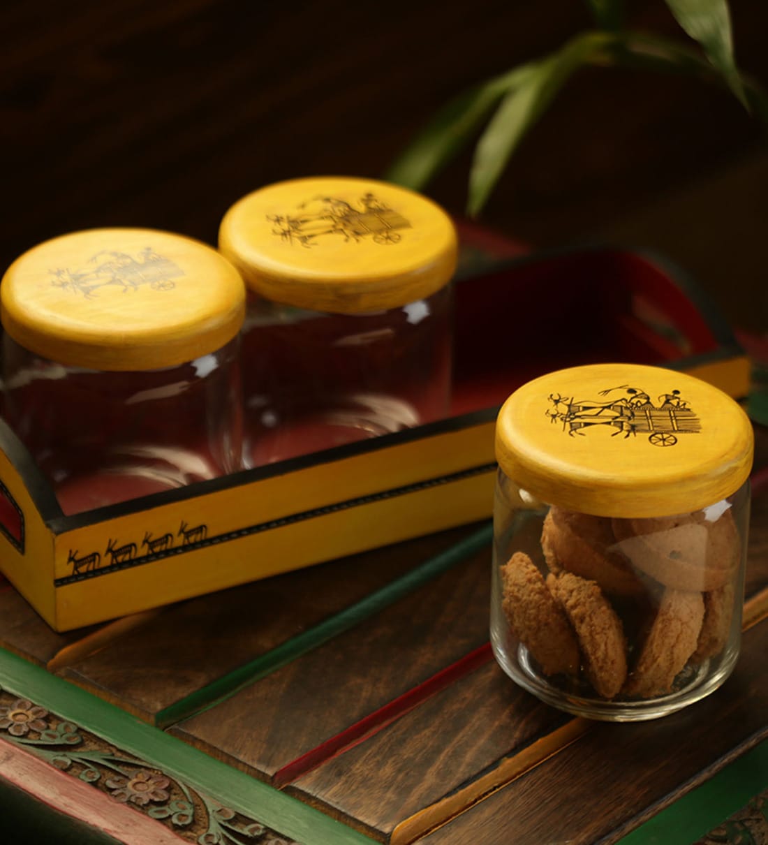 Buy Wood & Glass Snacks Jar Set with Wooden Tray Online Jars and
