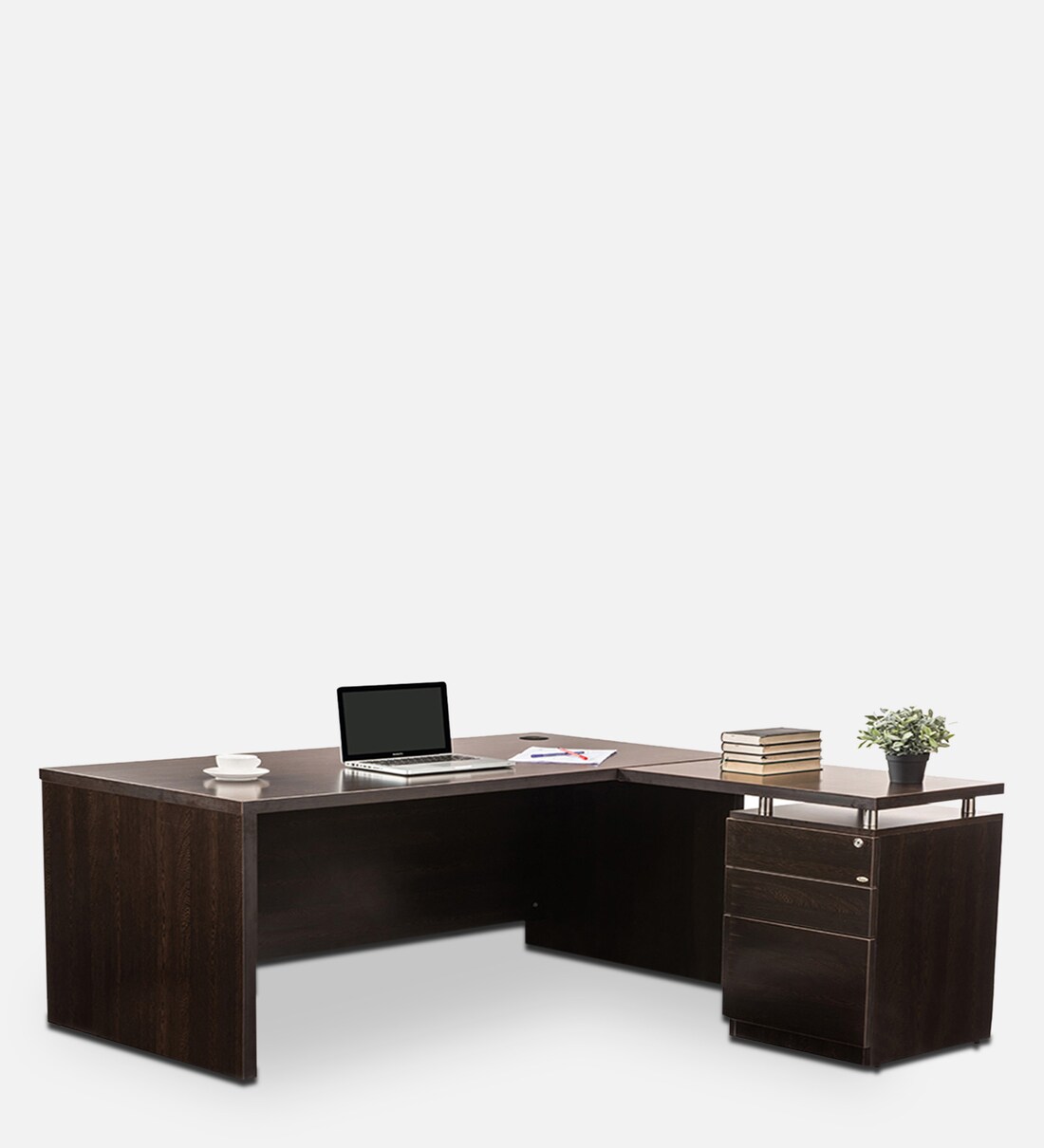 Buy Executive L shaped Desk with Moveable Pedestal in Brown Finish by