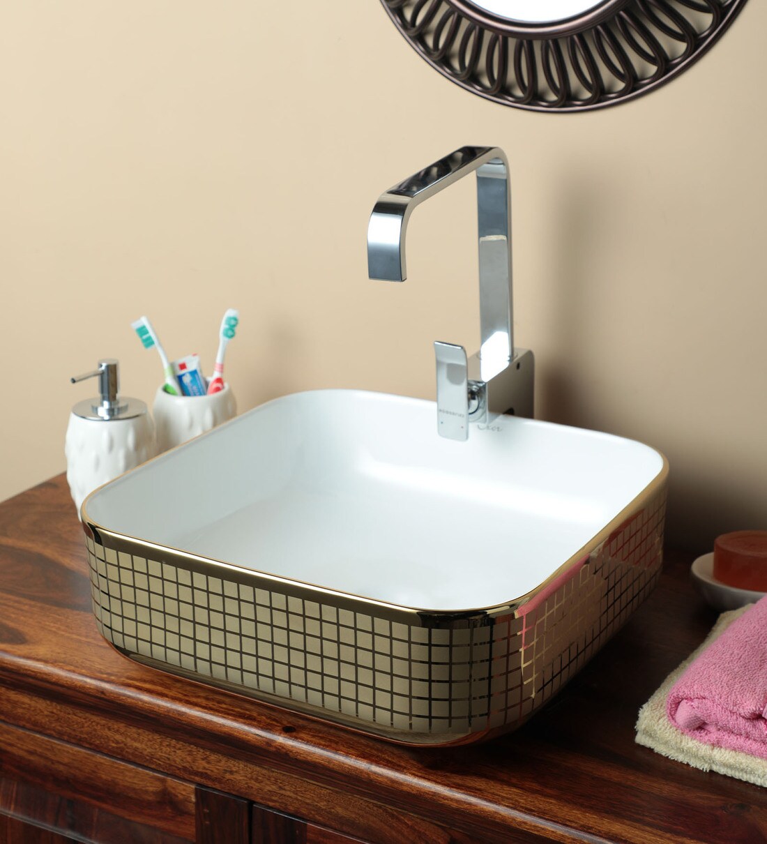 Buy Ceramic Square Shape Golden Counter Top Wash Basin (H 5, W 15, D