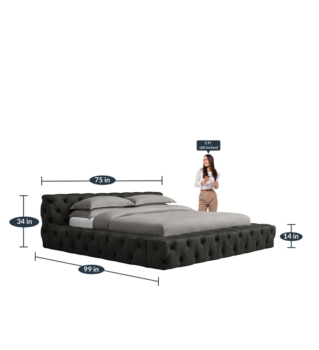 Buy Exquisite Queen Size Upholstered Bed in Dark Grey Colour by Dreamzz