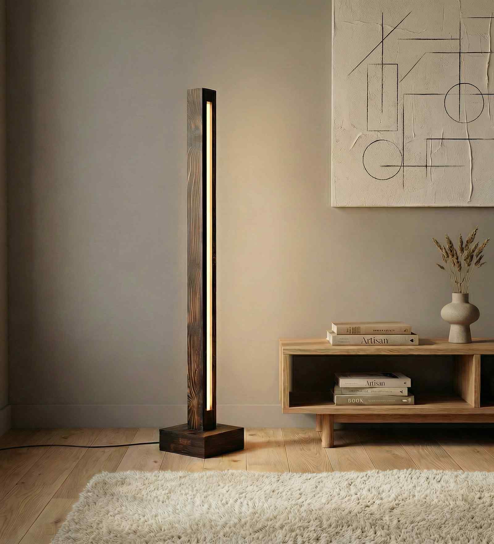 Excalibur Brown Wooden LED Floor Lamp with brown base
