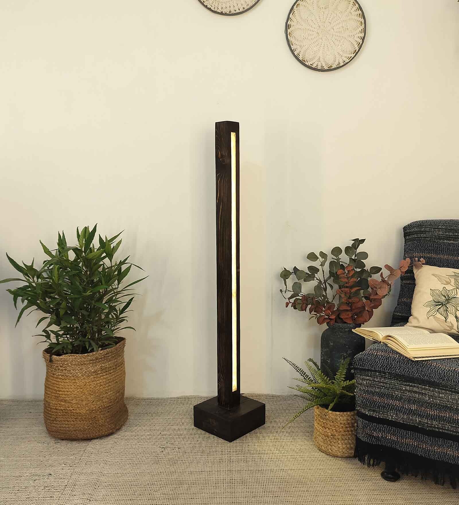 Excalibur Brown Wooden LED Floor Lamp with brown base
