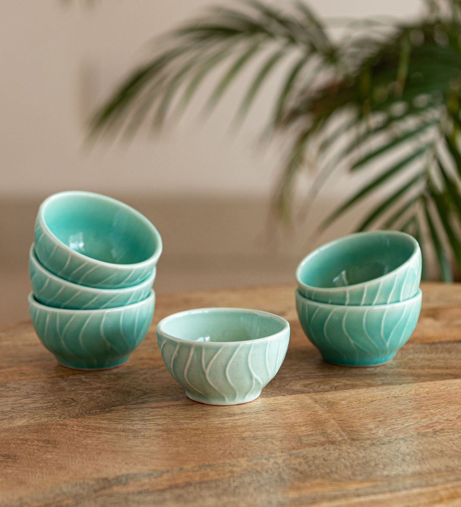 Caribbean Green Hand Glazed  Ceramic 120ml  (Set of 6) Bowls