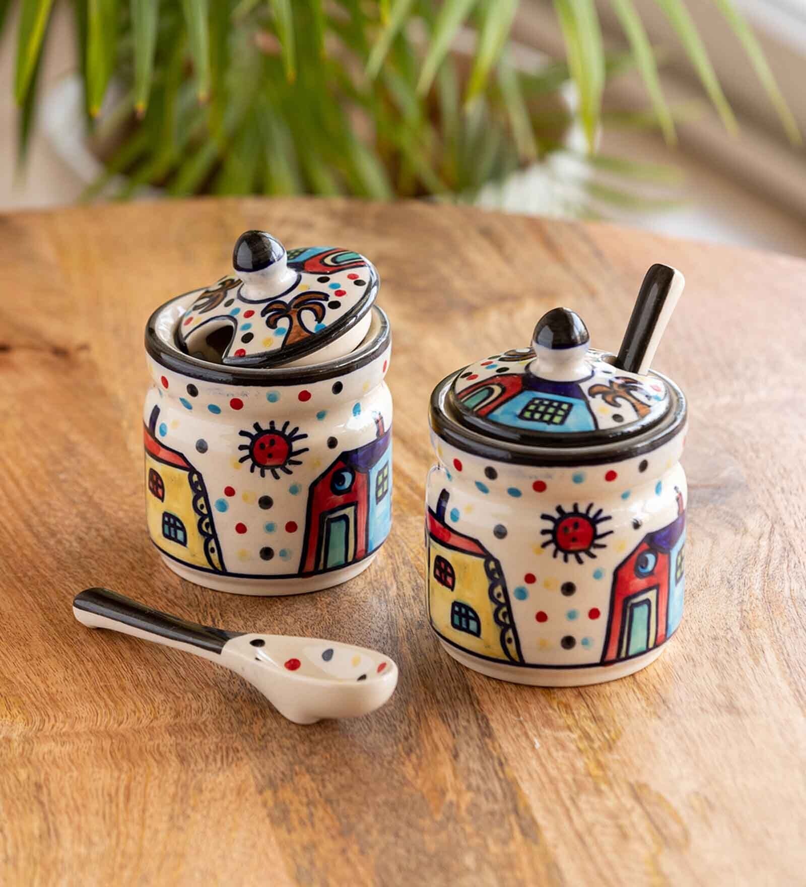 Hut Handpainted Ceramic Pickle & Chutney Jars With Spoons