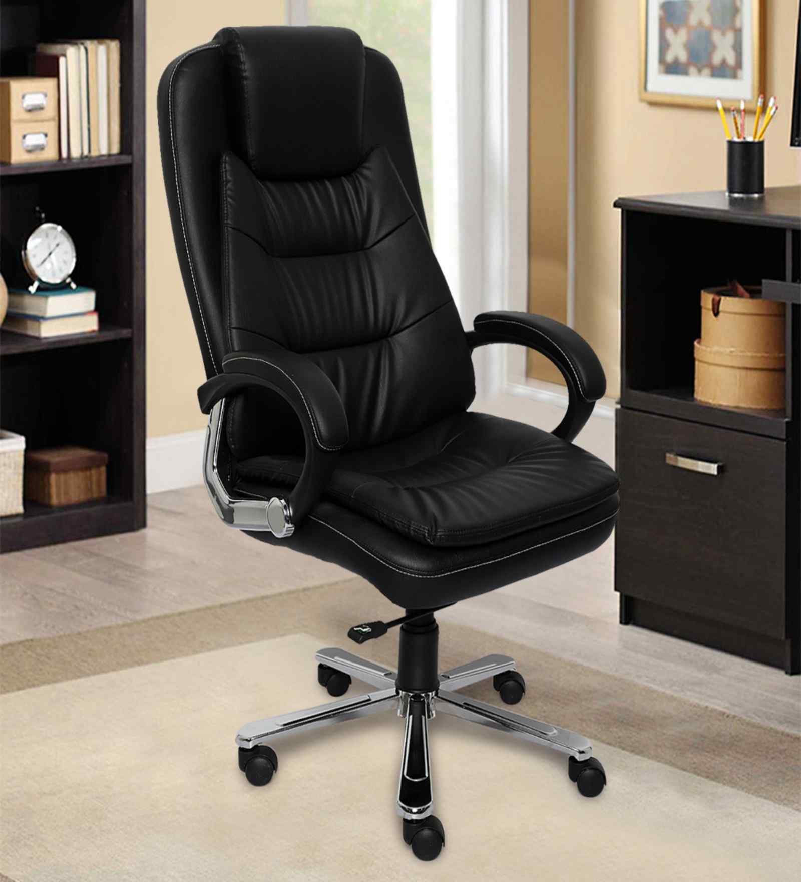 Executive Leatherette Office Chair In Black Colour With Padded Contouring