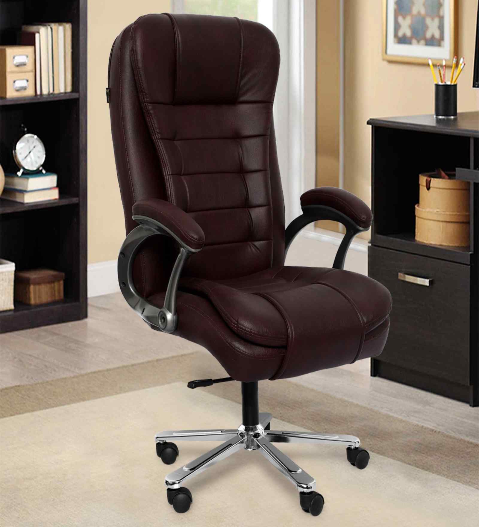 Executive Leatherette Office Chair In Brown Colour With Headrest Support
