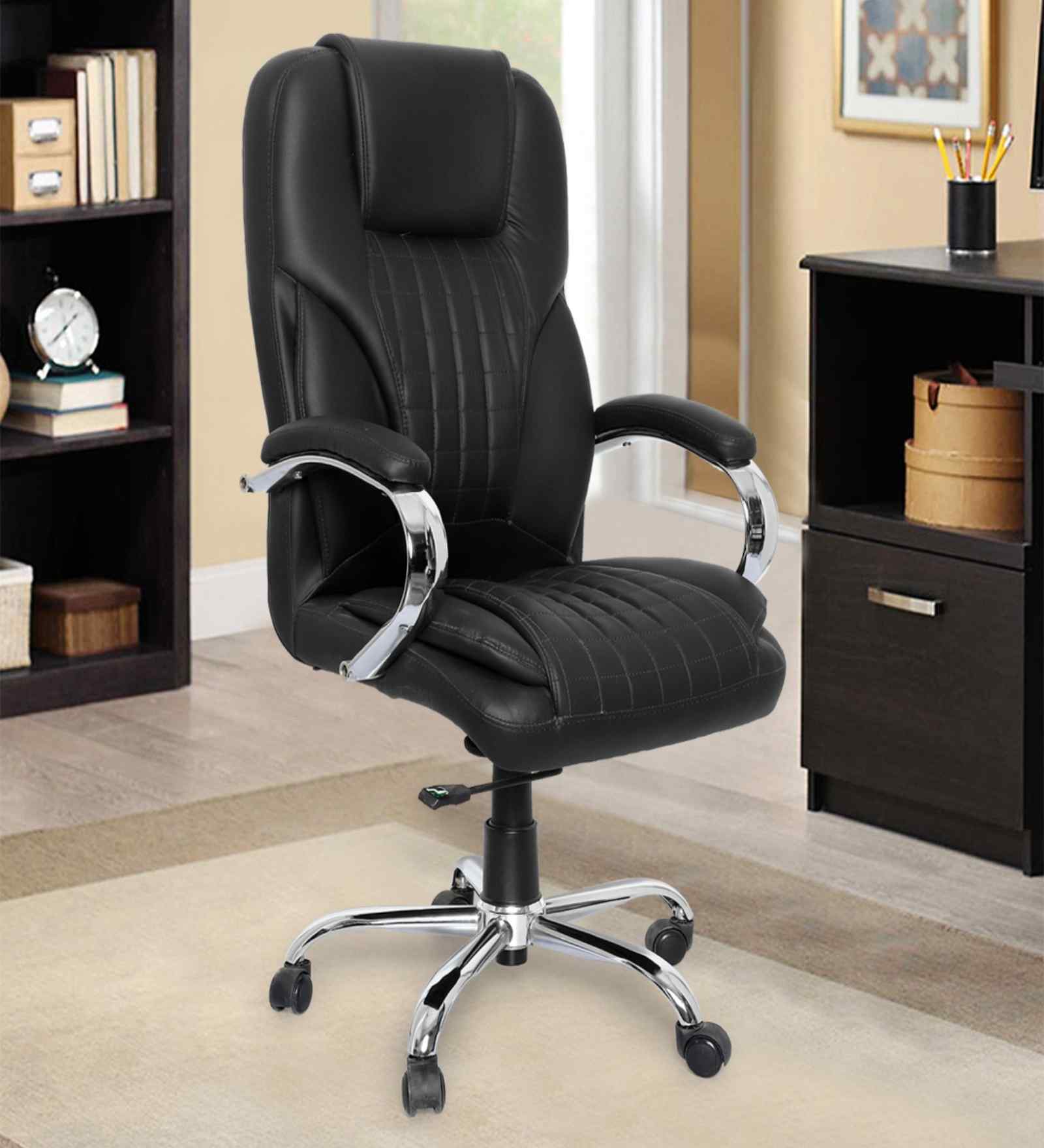 Executive Leatherette Office Chair In Jet Black Colour With Semi Gloss Finish