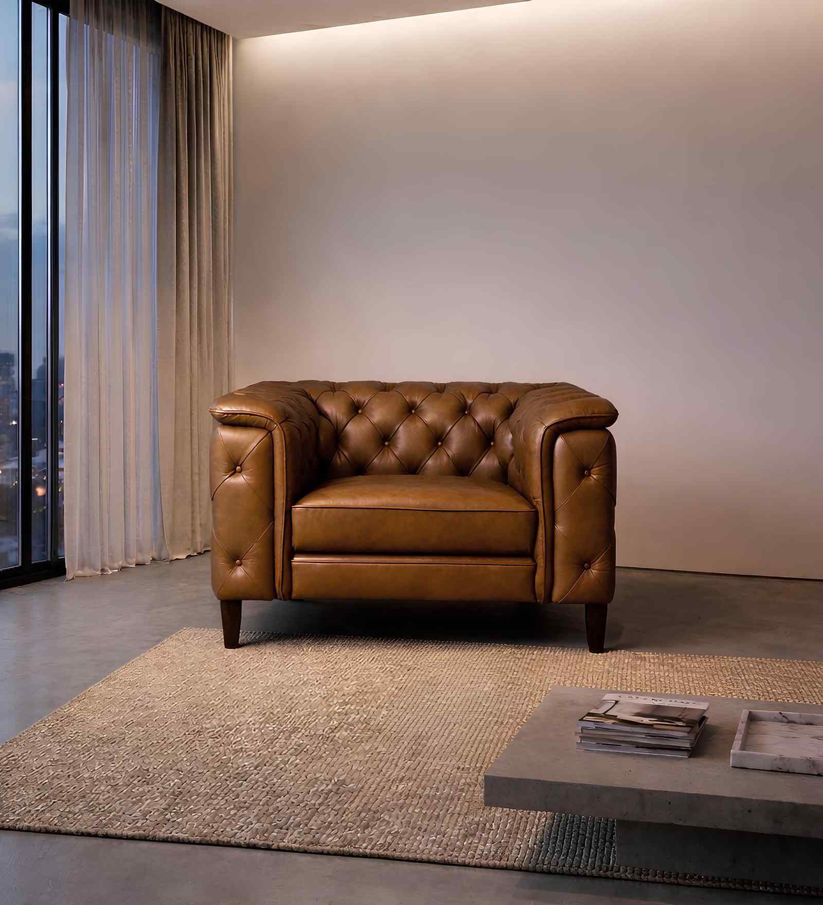 Exeter Chesterfield Leatherette 1 Seater Seater Sofa in Brown Color