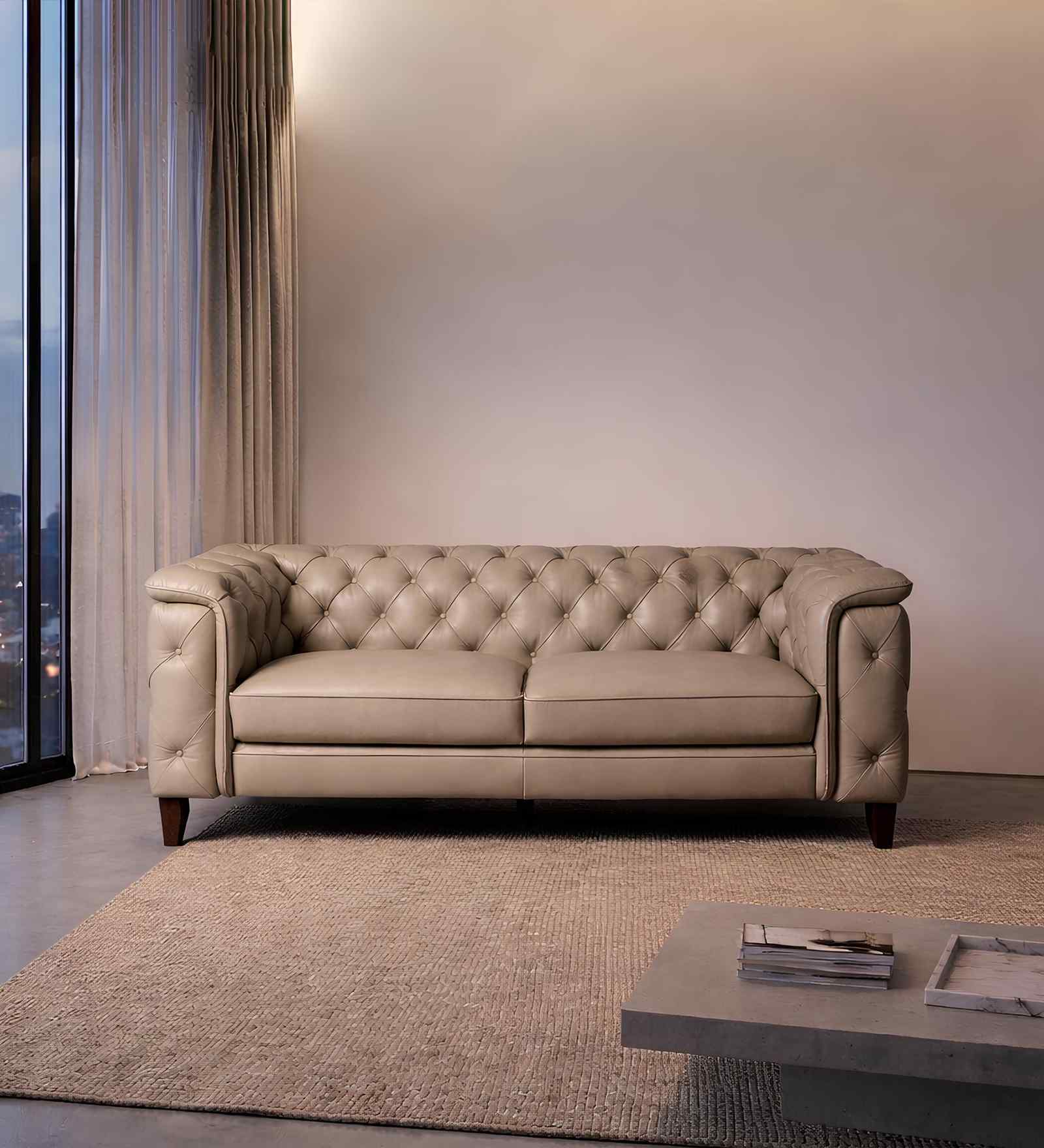 Exeter Chesterfield Leatherette 2 Seater Seater Sofa in Beige Color