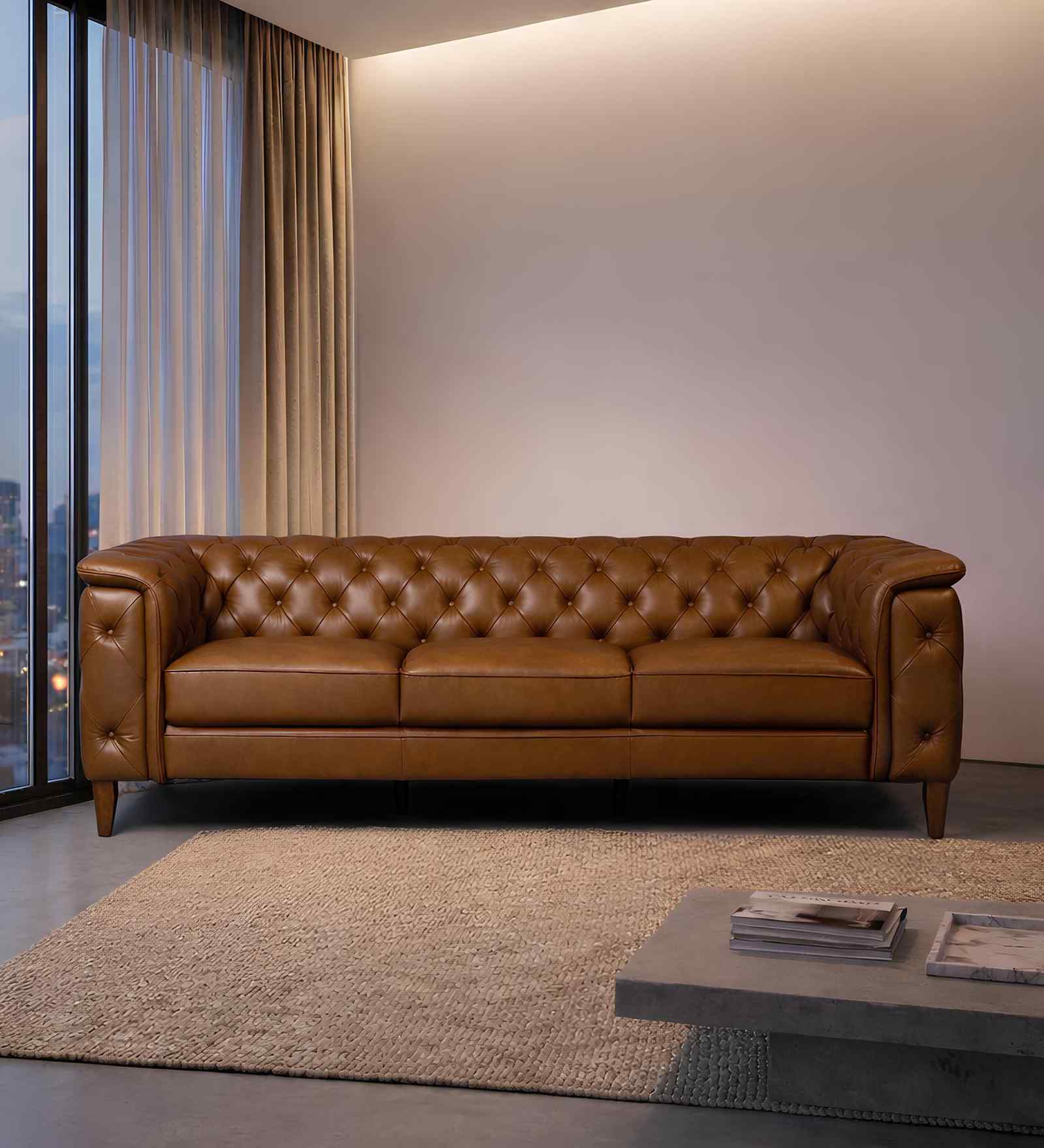 Exeter Chesterfield Leatherette 3 Seater Seater Sofa in Brown Color