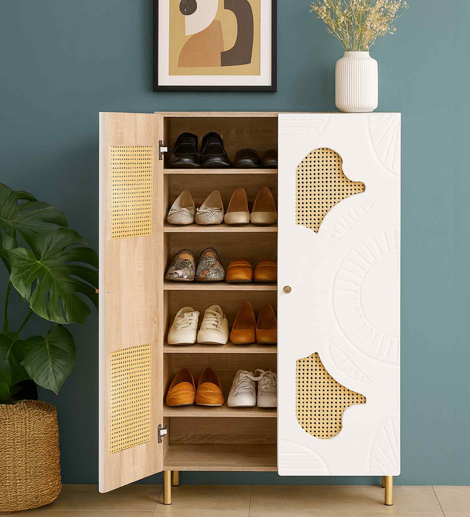 Exotica 24 Pair Shoe Cabinet With Adjustable Shelf In Oak & White finish