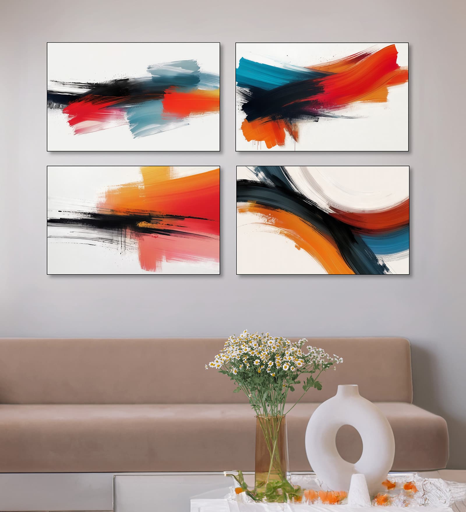 Exquisite Four-Painting Wall Art Set Canvas Paintings Abstract Print Black Frame