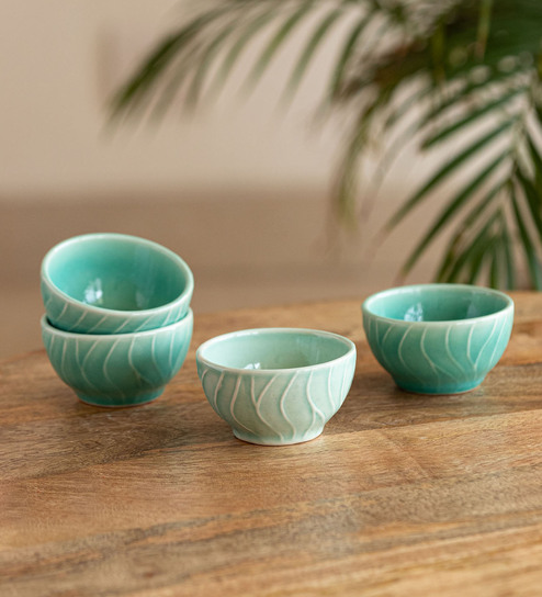 Buy Caribbean Green Hand Glazed Ceramic 120ml Set of 4 Bowls at