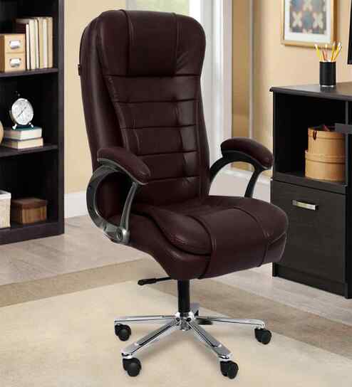 Executive Leatherette Office Chair In Brown Colour With Headrest Support