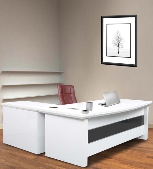 Buy Executive Office Desk With Side Runner Drawer Cart In White