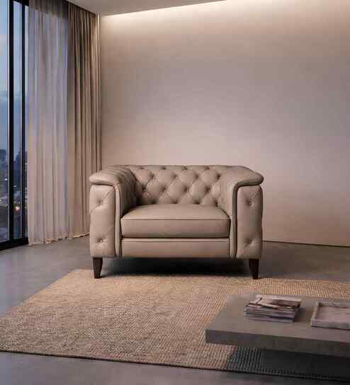 Exeter Chesterfield Leatherette 1 Seater Seater Sofa in Beige Color
