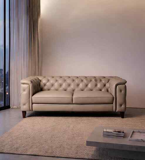 Exeter Chesterfield Leatherette 2 Seater Seater Sofa in Beige Color