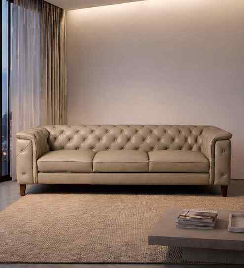 Exeter Chesterfield Leatherette 3 Seater Seater Sofa in Beige Color