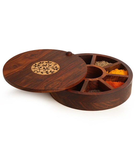 Buy Sheesham Wood Brown Spice Tray with 8 Compartments by ExclusiveLane
