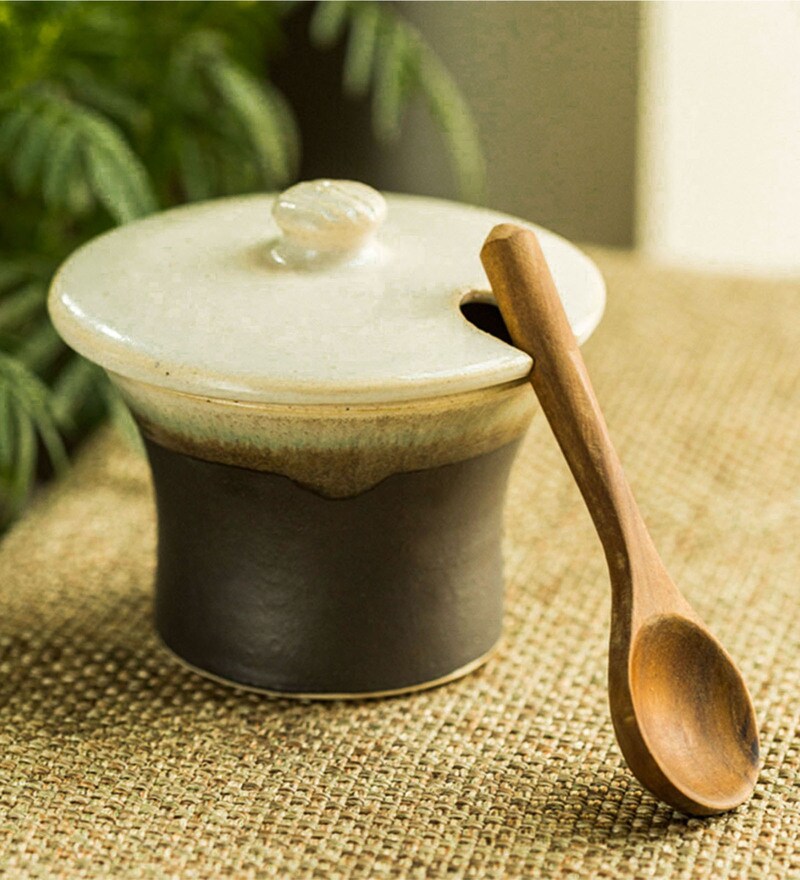 Exclusivelane Morning Ceramic Wood Chutney Jar With Spoon