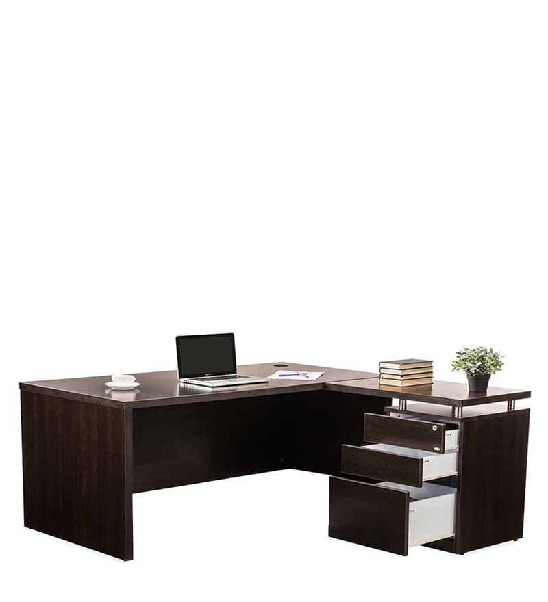 Buy Executive L shaped Desk with Moveable Pedestal in Brown Finish by