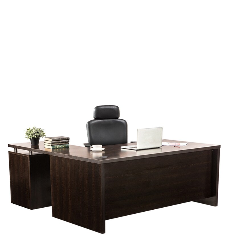 Buy Executive L shaped Desk with Moveable Pedestal in Brown Finish by