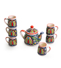 Mughal Floral Hand-Painted Ceramic 6 Pcs Tea Cups With  Kettle