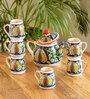 Mughal Floral Hand-Painted Ceramic 6 Pcs Tea Cups With  Kettle