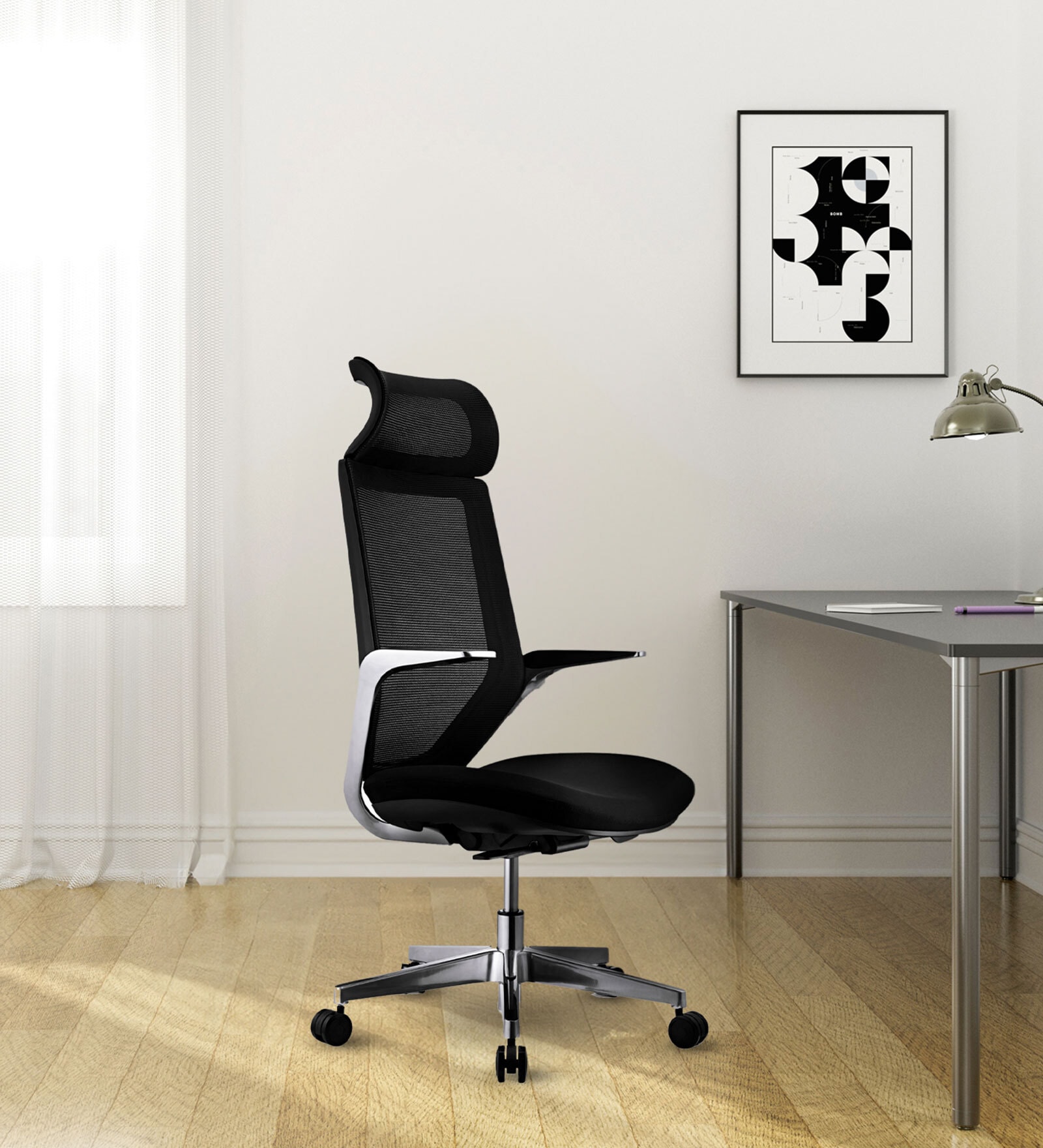Florida Breathable Mesh Ergonic Chair in Black Colour with Headrest